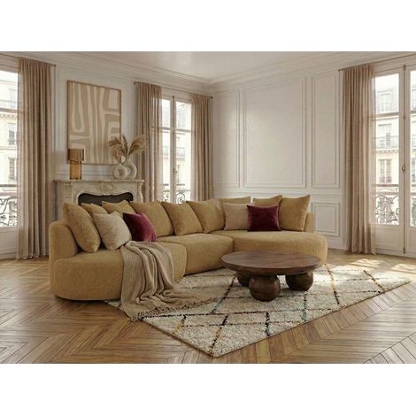 BOBOCHIC - Canapé d'angle fixe CALYPSO tissu bouclette Angle droit  Ocre