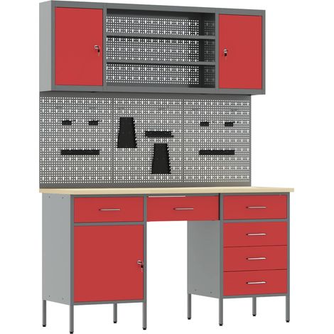 vidaXL Armario de trabajo 7 uds. Rojo Madera Ingenierizada y Acero (1/2)