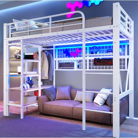 lit adulte rangement 90x200 metal blanc LED mural app OKMYHOME (1/5)