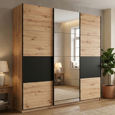 Armario Gran Lavenone, Ropero de Dormitorio con Perchero, 6 Estantes, Puerta Corredera, 262.5x224h cm Roble Marrón Nodo (1/5)