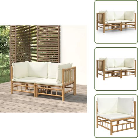 Sofá esquinero - vidaXL Sofás de esquina de jardín 2 uds bambú con cojines blanco crema - Muebles de jardín