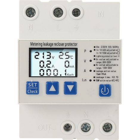 Protezione da sottotensione con ripristino automatico, alimentazione CA 230 V 1 A - 63 A, regolabile, protezione da sovratensione e sottotensione.