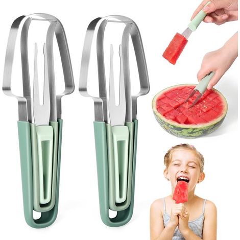 Taglia anguria e affettatrice - Taglia frutta 3 in 1 in acciaio inossidabile con affettatrice e forchetta, taglia anguria multifunzionale per mango, mela, pera, frutto del drago alle feste o (1/5)