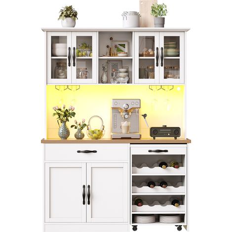 Küchenbuffet mit 4 Glastüren, 1 Schublade, Weinglashalter, Weinregal, LED, aus MDF, Weiß, 140×38×180 cm (1/5)