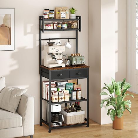 6-Tier Coffee Bar Station with Storage Drawers, Kitchen Corner Bakers Rack & Microwave Stand, Metal Wire Panel & Hooks, Utility Storage Shelf for Small Spaces (1/5)