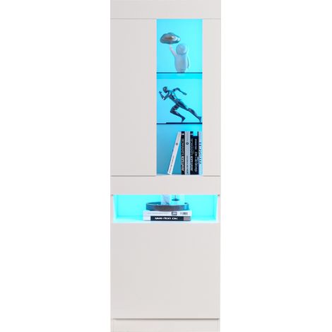 Vitrine LED blanche 50 x 40 x 180 cm, meuble de rangement moderne en panneau de particules avec étagères en verre et éclairage USB pour salon et bureau, CHICFURN (1/5)