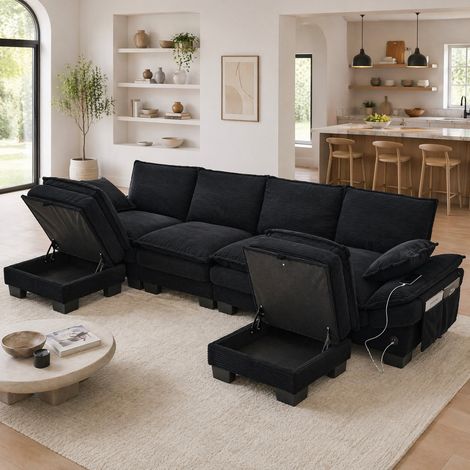 Sofá de 4 plazas (330x132x84 cm), con 2 pufs, asiento ergonómico, USB C, bolsillos laterales, terciopelo negro (1/5)