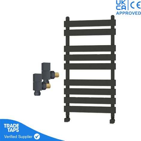 Marvella Anthracite Flat Panel Towel Rail - 950 x 500mm - Angled Manual Square Valve Pair (1/3)