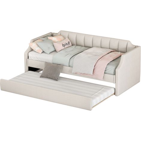 Lit de jour rembourré 90x200 beige avec lit gigogne coulissant