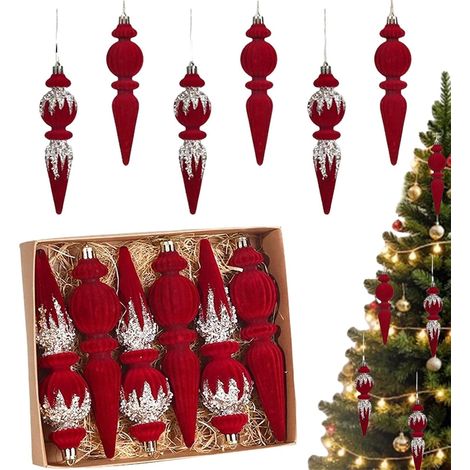 rote Samt-Weihnachtsbaumkugeln in Turm-Eiszapfenform – beflockte Hängedekoration, 16 cm hoch – festliche Weihnachtsbaumdekoration für Zuhause – Fenster und Weihnachten (1/5)