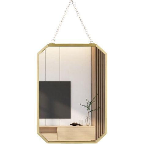 Miroir mural suspendu avec chaîne - Miroir géométrique doré avec cadre en métal - Miroir de maquillage décoratif pour salle de bain, chambre, couloir et salon - Petit format 27 x 18 cm, doré 3 x 27 cm (1/5)