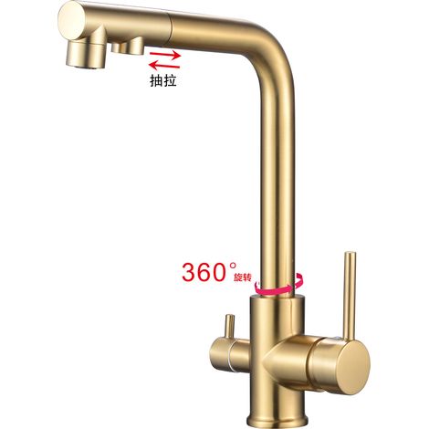 Russian Hot Selling All-Copper Pull-Out Kitchen Faucet, Hot and Cold Water Sink/Vegetable Washing Basin 3-in-1 Dual Control Water Purifier Faucet - Zinc Alloy Body with Brushed Gold Pull-Out Water Pur