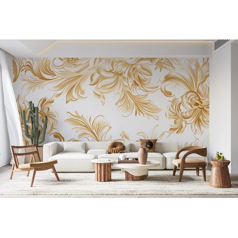 Papier peint baroque - grands rinceaux dorés sur fond blanc - 500 x 270 cm (1/2)