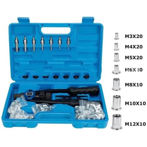 Kit d'installation d'écrou avec 100 mandrins métriques assortis M3/M4/M5/M6/M8/M10/M12 et étui de transport moulé- (1/5)