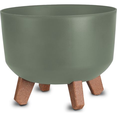 Kunststoff Blumentopf auf Füßen oliv - Ø 23 cm - Pflanztopf rund mit Wasserspeicher Boden