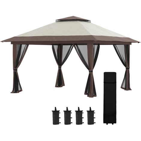 Pérgola plegable 392 x 392 x 283 cm beige con protección UV50+, techo doble y cortinas de malla (1/5)