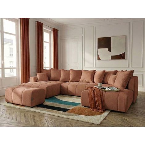 BOBOCHIC - Canapé panoramique convertible ROXELANE tissu chiné avec pouf Angle gauche Orange