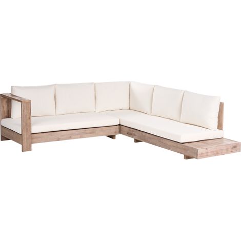Conjunto esquinero de exterior derecho sofá y mesa auxiliar de madera de acacia certificada blanco crema Marettimo (1/5)