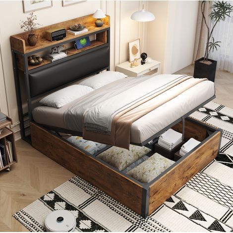 Letto 90x200 cm nero metallo e legno con contenitore idraulico e USB (1/5)
