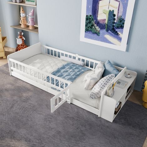Okwish – Lit enfant 90x200 cm – Lit simple en bois de pin blanc avec rangement ouvert et étagères – Assemblage facile – Capacité 200 kg