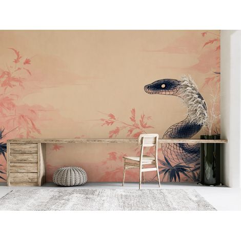 Papier peint animaux - serpent noir dans les buissons roses - 150 x 250 cm (1/2)