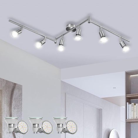 Plafonnier LED 6 Spot, Luminaire Plafond Lustre Orientable GU10 Light, Lampe Eclairage de Cuisine Applique, Ampoules Blanc Neutre Incl 6 x 6W, pour Interieur Salle Manger Salon, Nickel Mat (1/5)