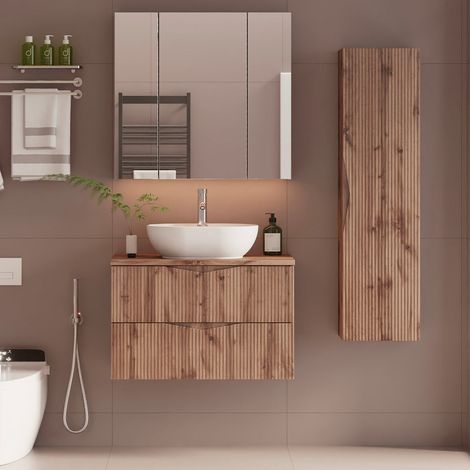 Conjunto mueble lavabo individual 80cm y columna Tao Madera (1/4)