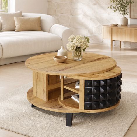 Table basse pivotante 85,2x80x45,2 cm en bois naturel, gain de place salon moderne FloraGrace (1/5)