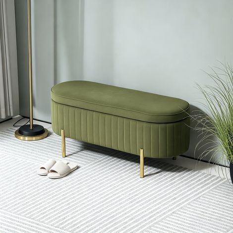 Banc de rangement, bout de lit en velours avec couvercle, pieds en métal, capacité 72 L, 108x44x43,5cm, vert foncé (1/5)