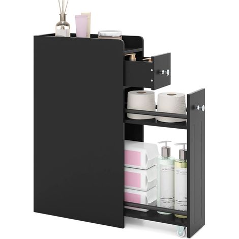 Meuble de rangement étroit noir 4 niveaux avec tiroirs coulissants sur roulettes et rebords surélevés pour salle de bain et (1/5)