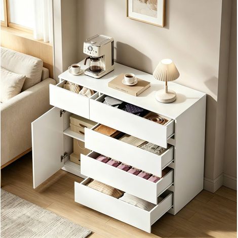 Sideboard 100/40/80 cm Weiß mit 5 Schubladen und Schrankfach mit verstellbarem Einlegeboden (1/5)