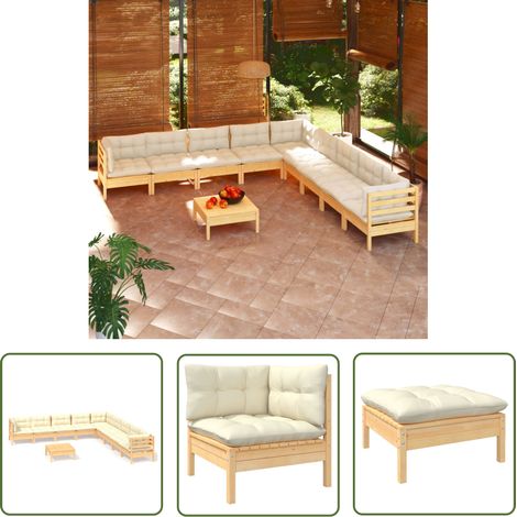 INLIFE Salon de jardin 10 pcs avec coussins crème Bois de pin solide (1/5)