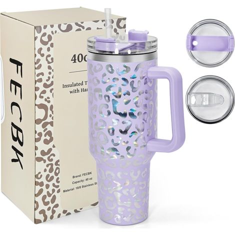 Mug Isotherme avec Paille et Poignée 1.2L, Tasse Isotherme Anti-fuite, 34 Heures Froid, 12 Heures Chaud, Gobelet en Acier Inoxydable, Lavable au Lave-Vaisselle, Léopard Lilas (1/5)
