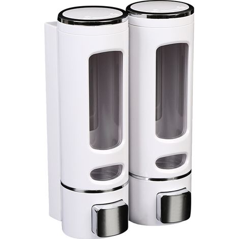 Distributeur de Savon Manuel Mural 2x400ml En ABS, Pratique pour Shampooing et Gel Nettoyant Idéal pour Salle de Bain et Cuisine (Blanc) (1/4)