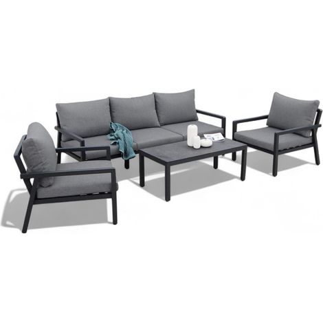 Salotto 5 posti da esterno giardino con struttura in alluminio effetto doghe con cuscini Alcazar - Black (1/5)