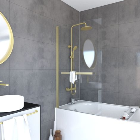 Mampara de bañera abatible - Toallero 85x150cm - Oro Cepillado-TSHAPE GOLDY