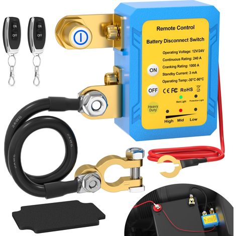Interruptor de corte de batería remoto antirrobo para automóvil de 12 V 240 A con control remoto y cable de batería negativo adicional.