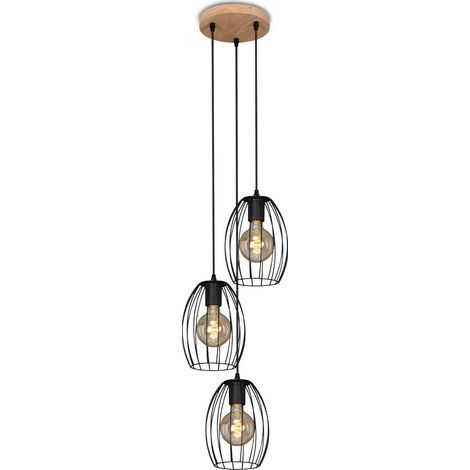 Suspension en bois, lampe suspendue rétro, plafonnier rond à 3 lampes, E27 max. 60 watts, lampe de salle à manger, Noir (1/5)
