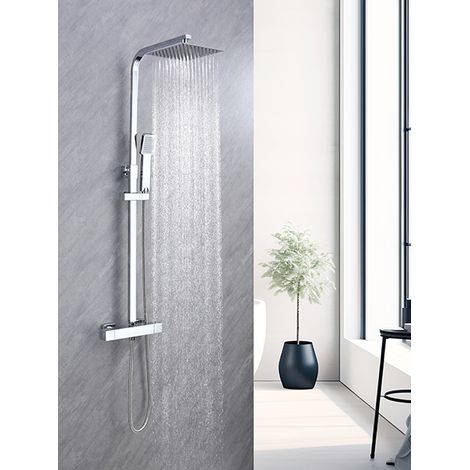 AICA colonne de douche thermostatique chromée, pomme de tête carrée avec douchette carrée réglable en hauteur (1/4)