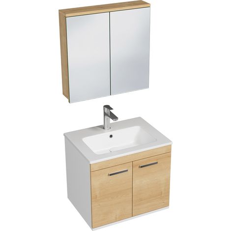 RUBITE Meuble salle de bain simple vasque 2 portes chêne clair largeur 60 cm + miroir armoire