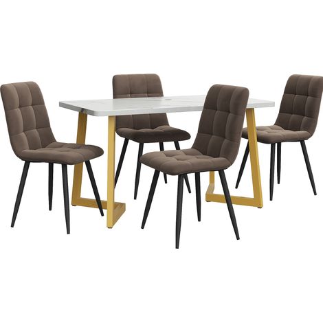 Ensemble Table 117x68x75 Cm Avec 4 Chaises Velours Brun, Plateau Mdf Effet Marbre, Pieds Dorés (1/5)