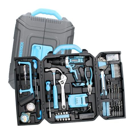 Ferrestock Bricoset FSKTAB101PLUS Taladro percutor 21V a batería con herramientas y accesorios para la mayoria de trabajos del hogar inclye caja de almacenaje.