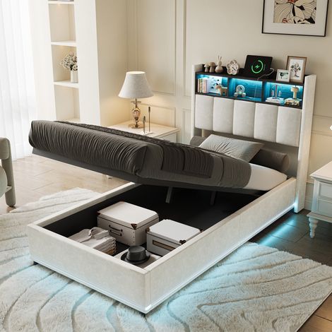 Letto contenitore 90x200, illuminazione LED e stazione di ricarica USB/Type-C, Letto singolo imbottito con contenitore idraulico, velluto, stile moderno, Bianco
