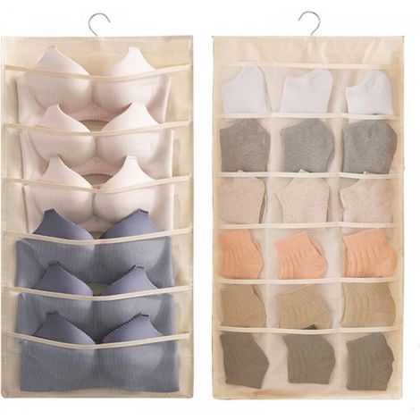 Rangement suspendu - 30 poches suspendues pour placard, soutien-gorge, sous-vêtements, chaussettes, cravates, grand organiseur mural pour vêtements, gain de place, double face (24 riz blanc) (1/5)