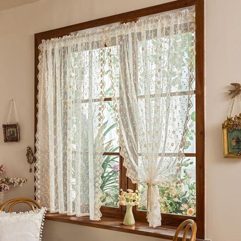 Short Sheer Kitchen Curtains, 2 Panels with Plum Blossom Embroidery, Rod Pocket, Beige, French Style, 140x100 cm