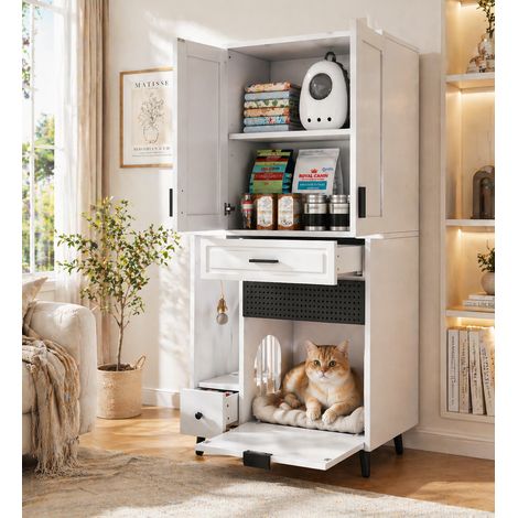 Multifunktionales Katzenmöbel in Grau, integriertes Katzenbett, verstellbare Ablagen und Schubladen, stabiles verspieltes Design LINHOO