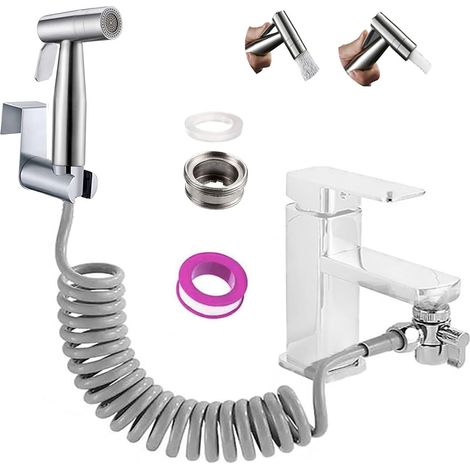 Pulvérisateur de bidet à main double fonction en acier inoxydable pour couches de bébé, tuyau de douche de 1,5 m et raccord, pulvérisateur de bidet de toilette pour laver les cheveux ou le lavabo (1/5)