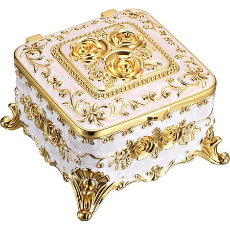 Boîte à bijoux vintage avec couvercle en métal, carré, beige petite Boîte à bagues, Coffret à bijoux pour bracelets et boucles d'oreilles, 13x13x8cm (1/5)