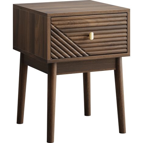 Table de chevet moderne à rainures, 40 x 40 x 55 cm, 2 tiroirs, rangement fermé, finition bois foncé pour chambre et salon, CHICFURN (1/5)
