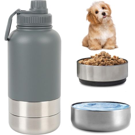 Gourde pour chien - Pour les déplacements - 950 ml - Bouteille d'eau isotherme en acier inoxydable avec gamelle et bol d'eau - Bouteille d'eau portable sans BPA - Pour voyage, promenade et extérieur (1/5)